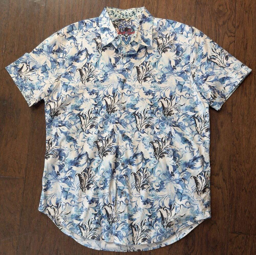 Robert Graham Shirt Mens Medium Blue Floral Short Sleeve‎ Button Up Classic Fit